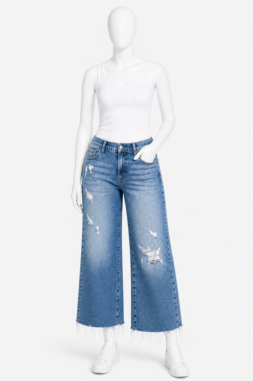 Judy Blue Wide Crop Jeans 28x23 Distressed Raw Hem High Rise Stretch Womens